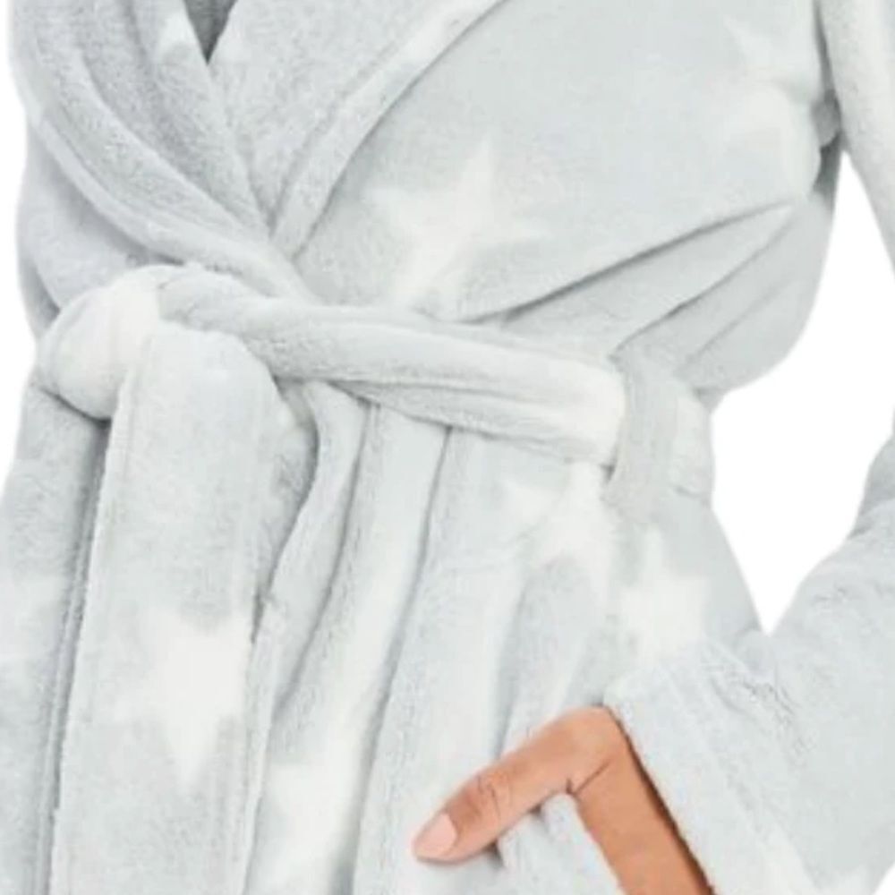 Ugg Grey/White Stars Cozy Fleece Miranda Cozy Fleece Hoodie Belted Wrap Robe NWT - Picture 6 of 17